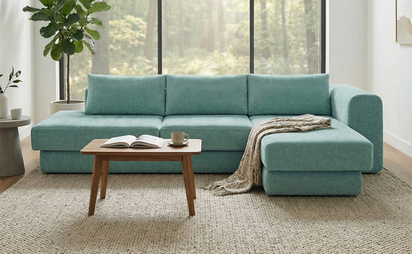 English Elm L-shaped Chenille Sectional Sofa with Deep Modular Seating and Layered Cushion Comfort Teal N763S000090F