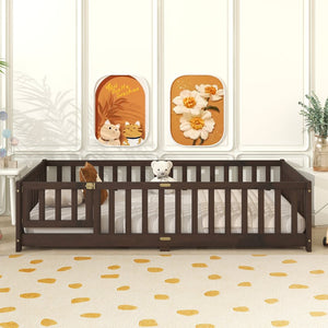 English Elm Twin Low Profile Rubberwood Floor Bed with Full Safety Fence for Toddler Rooms Espresso W504P429279