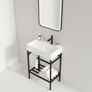 English Elm LOFI Ceramic Integrated Bathroom Vanity 24" with Rectangular Basin, Open Metal Shelf, Easy Clean White+Black W2615S00060