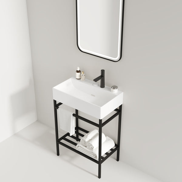 English Elm LOFI Ceramic Integrated Bathroom Vanity 24" with Rectangular Basin, Open Metal Shelf, Easy Clean White+Black W2615S00060