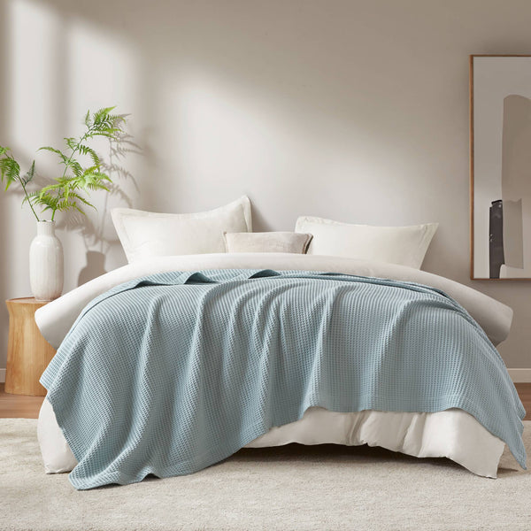 JLA Home Madison Park - Cotton Waffle Weave Blanket — Ultra-Soft Breathable 100% Cotton, OEKO-TEX Certified, Machine Washable Aqua BR51N-3832