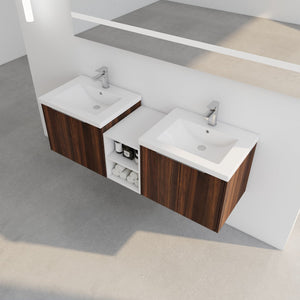 English Elm 60 Inch Wall Mounted Vanity with Dual Resin Sinks, Soft Close Doors, Metal Handles & Shelves Durable Finish California Walnut W999S00187