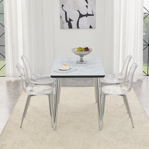 English Elm Table and Chair Set with Marble Glass Top Silver Legs Four Transparent Seats W1151S04648