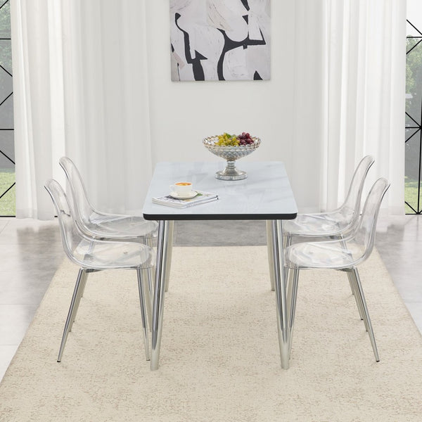 English Elm Table and Chair Set with Marble Glass Top Silver Legs Four Transparent Seats W1151S04648