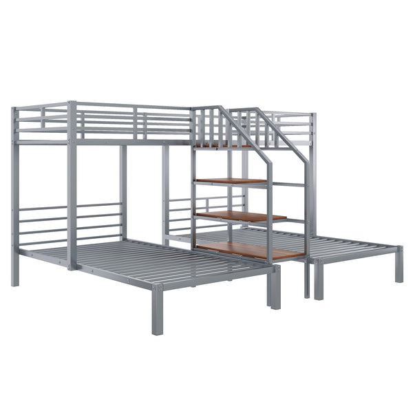 English Elm Metal Triple Bunk Bed Space-Saving Twin over Twin & Twin Design with Staircase Storage Shelves, Durable Metal Frame Silver GX001115AAN