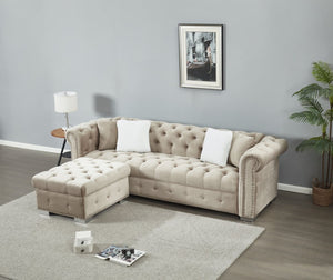 English Elm Reversible L Shaped Velvet Sectional with Tufted Back Nailhead Trim Parlor Elegance B205S00005