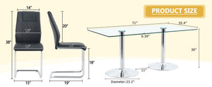 English Elm Table and Chair Set Tempered Glass Top Seats Eight with Pu Leather Dining Chairs Black,Silver,Transparent W1151S04549