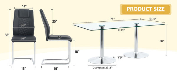 English Elm Table and Chair Set Tempered Glass Top Seats Eight with Pu Leather Dining Chairs Black,Silver,Transparent W1151S04549
