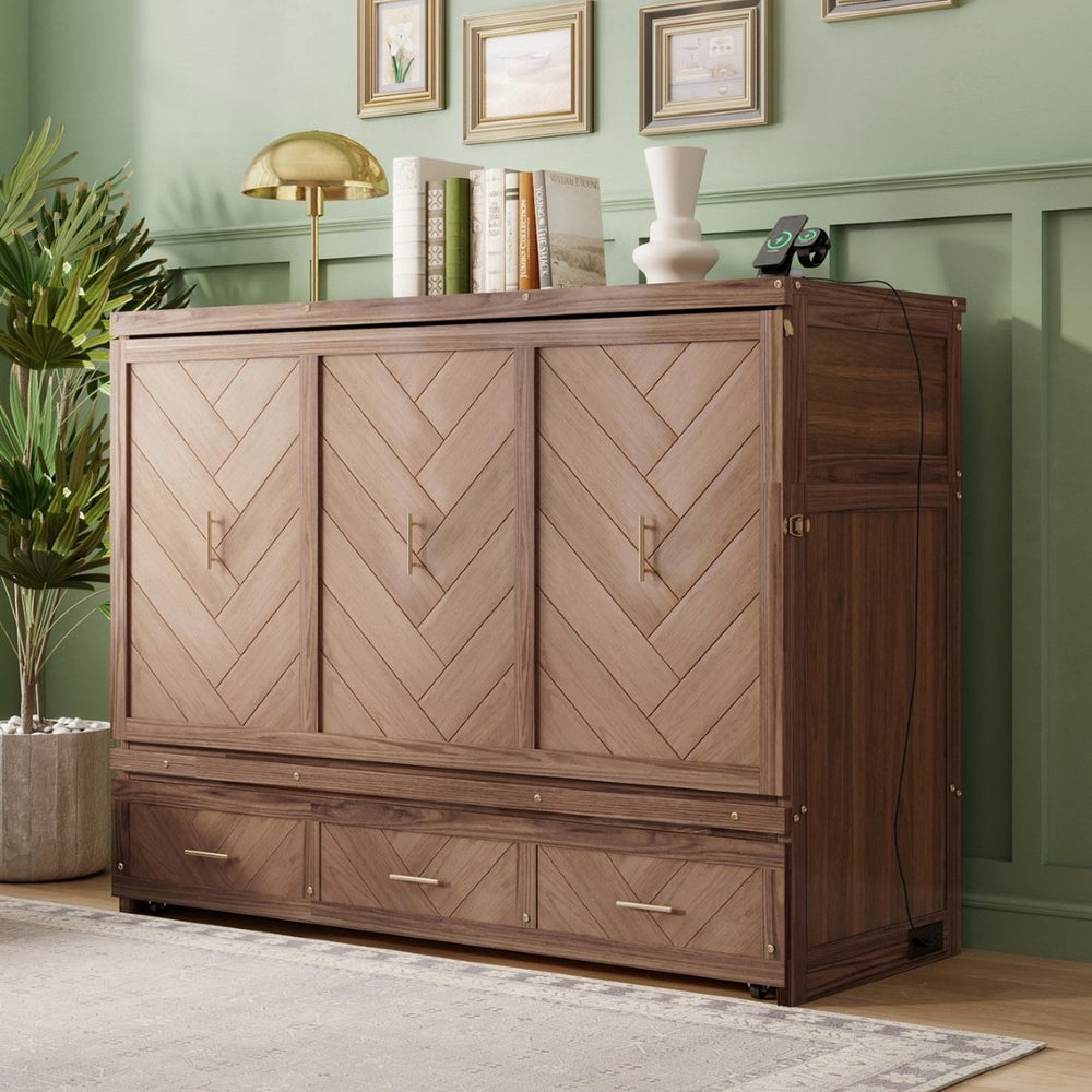 English Elm Queen Cabinet Murphy Bed Pine Wood Frame Geometric Panel Usb Charging Guest Room W504S00306
