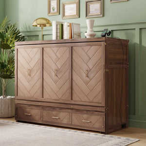English Elm Queen Cabinet Murphy Bed Pine Wood Frame Geometric Panel Usb Charging Guest Room W504S00306