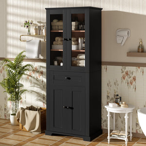 English Elm 67.2" Tall Bathroom Storage Cabinet with Tempered Glass Doors, Adjustable Shelves, Soft-Close Hinges and Anti-Tip Safety Black N729P310006B