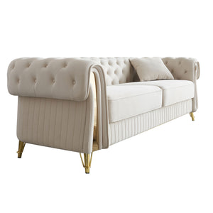 English Elm 89''W Chesterfield Modern Tufted Velvet Sofa with Pocket Springs, Gold Trim & Removable Cushions Beige W579S00037