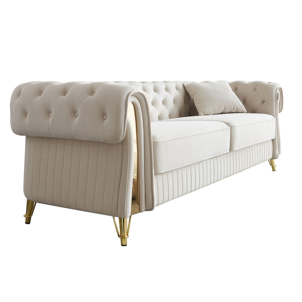English Elm 89''W Chesterfield Modern Tufted Velvet Sofa with Pocket Springs, Gold Trim & Removable Cushions Beige W579S00037