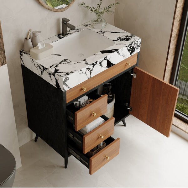 English Elm 29.9" Floating Bathroom Vanity Sintered Stone Top Soft Close Drawers Bronze Gold Hardware Black,Gold,Walnut,White W3136S00044