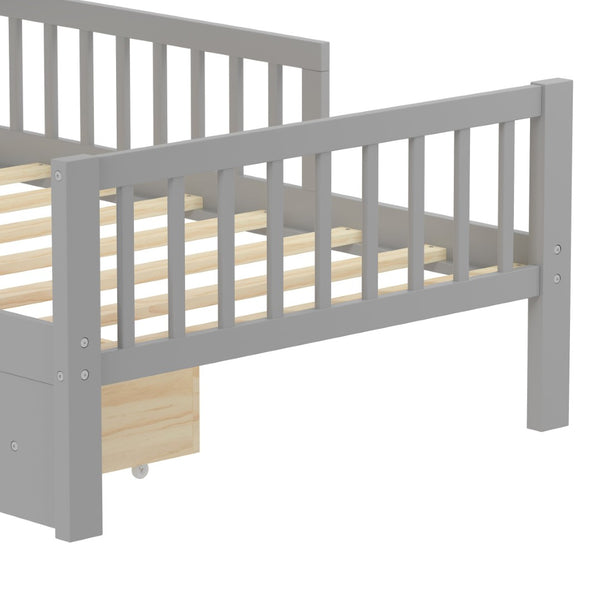 English Elm Twin Size Bed With Headboard Storage, Two Drawers & Safety Guardrails - Stylish Gray Design! N733P272374E-GIGA