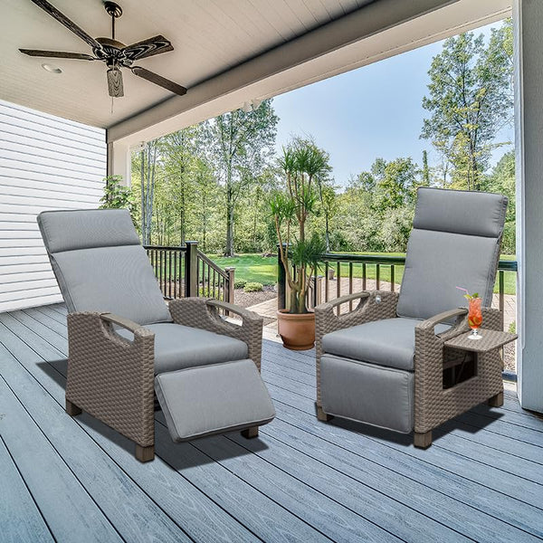 English Elm Outdoor Recliner Chair with Hand‑Woven Resin Wicker, Built‑In Flip Table, Thick Cushions, 150° Recline Gray W1859P196424