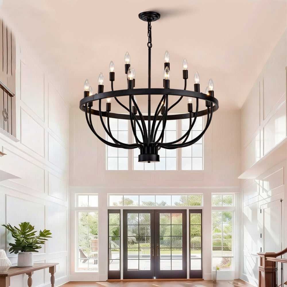 English Elm Industrial Black Metal 18-arm Candelabra Chandelier for Dining Room or Kitchen Island W2991P406718