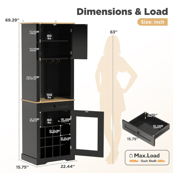English Elm Bar Cabinet Farmhouse 69 Inch with Rgb Led Barn Door Wine Rack and Charging Station Black N728P438603B