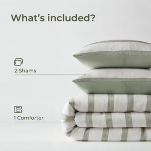 English Elm 3-piece King Yarn-dyed Woven Stripe Comforter Set with Seersucker Texture for Coastal Bedrooms Sage Green B035P463223