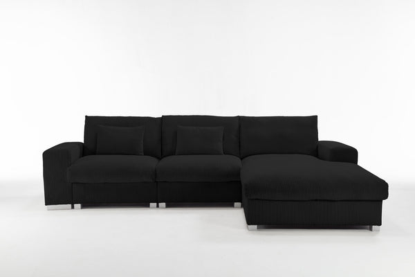 English Elm Nordic-style L-shaped flannel sofa with solid wood frame, ergonomic comfort and durable stain-resistant fabric for modern minimalist living room gatherings Black W2795S00029