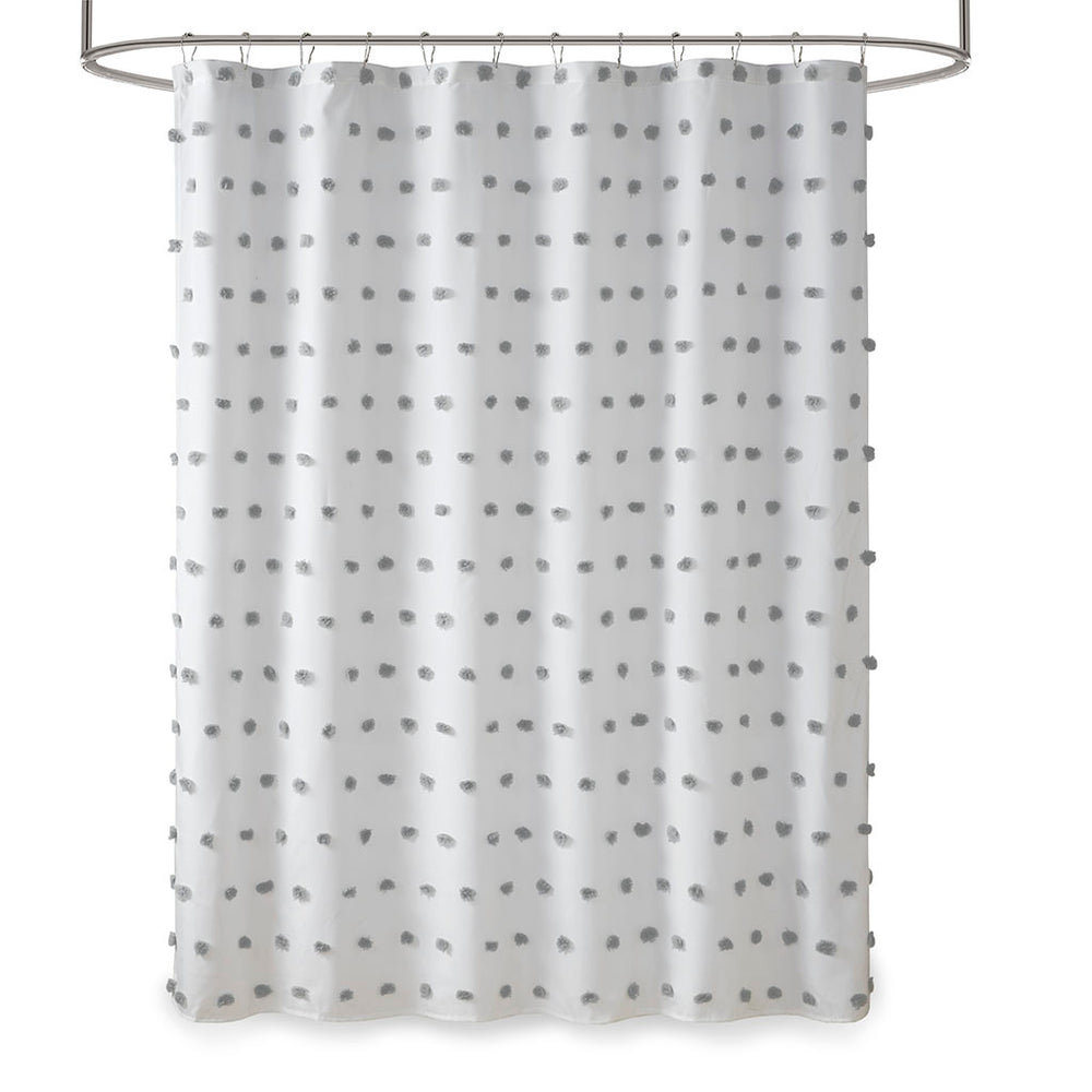JLA Home Madison Park - Shower Curtain with Soft Fabric Pom-Poms on White Ground — Textured, Machine-Washable 72"x72" Grey MP70-6598