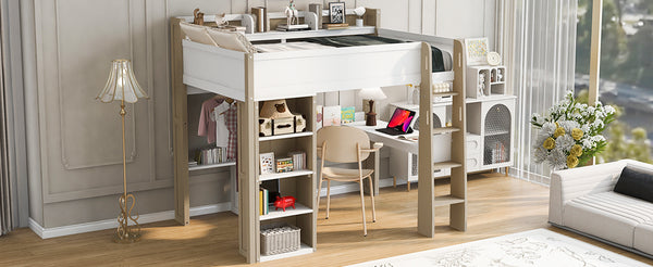 English Elm Full Size Wood Loft Bed With Desk, Wardrobe & Storage Shelves - Stylish Space-Saving Solution! N7090005007K