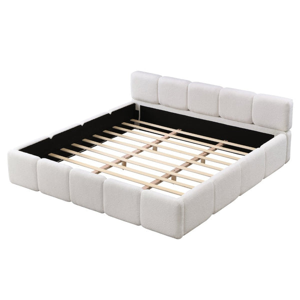 English Elm California King Boucle Upholstered Platform Bed Thick Block Headboard Modern Suite N757P391356W