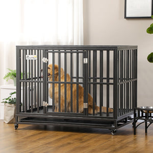 English Elm Pawhut Steel Dog Kennel with Lockable Casters Slide Trays and Anti-pinch Floor Grid W2225P217155
