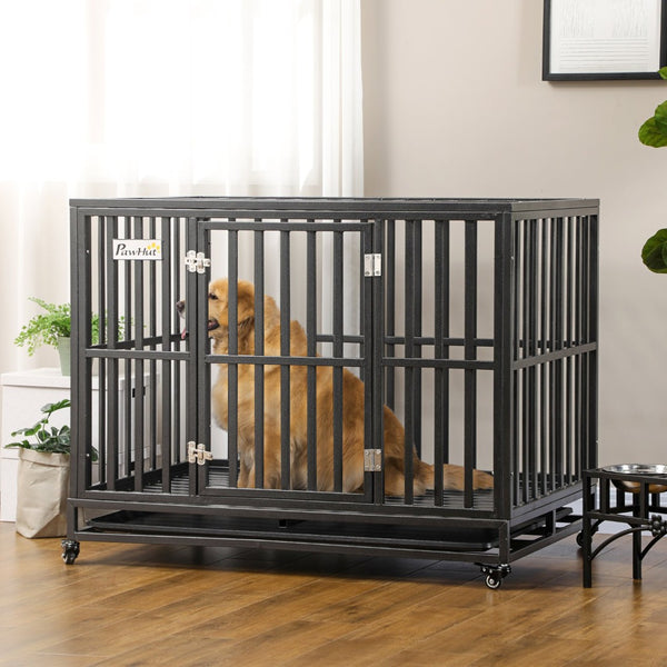 English Elm Pawhut Steel Dog Kennel with Lockable Casters Slide Trays and Anti-pinch Floor Grid W2225P217155
