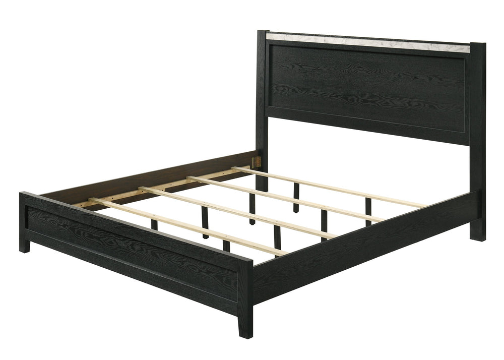 English Elm 1pc Queen Panel Bed with Faux Marble Accents and Upholstered Headboard for Contemporary Retreat Black,White 81.81 L x 30 W x 4.96 H B2741S00590
