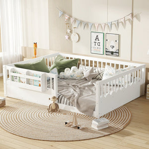 English Elm Queen Low Profile Kids Floor Bed with Guardrails Bookshelf and Pine Wood Frame White W1580P373142