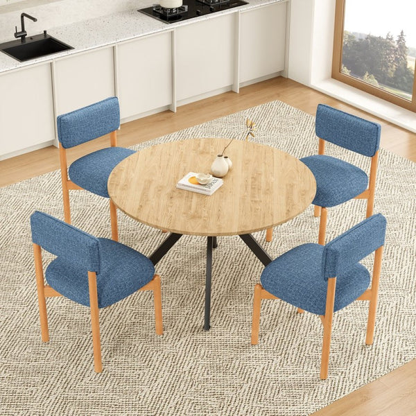 English Elm Modern Linen Upholstered Dining Chair Set Solid Wood Cross Base Removable Back Blue T3623P466012