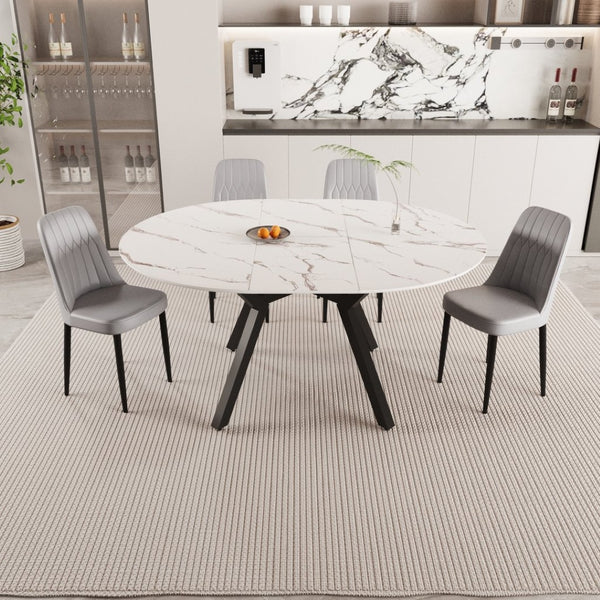 English Elm 47-63" Extendable Round Dining Set with Pu Chairs White Mdf Top Black Metal Legs W3732S00021