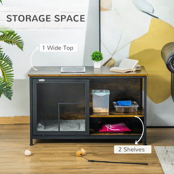 English Elm PawHut Stylish Cat Kennel End Table with Sliding Doors, Steel & Wood Look Pet House with Cushion Brown W2225P173765