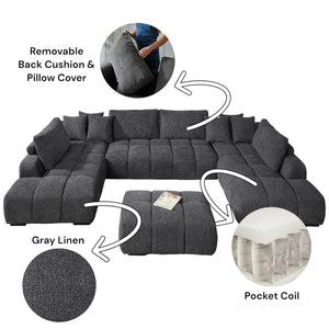 English Elm Chosen Gray Chenille Sectional Sofa Modular 2-Chaise with Ottoman, Toss Pillows, Pocket Coil Seats, 149"W x32"H B2726S00427