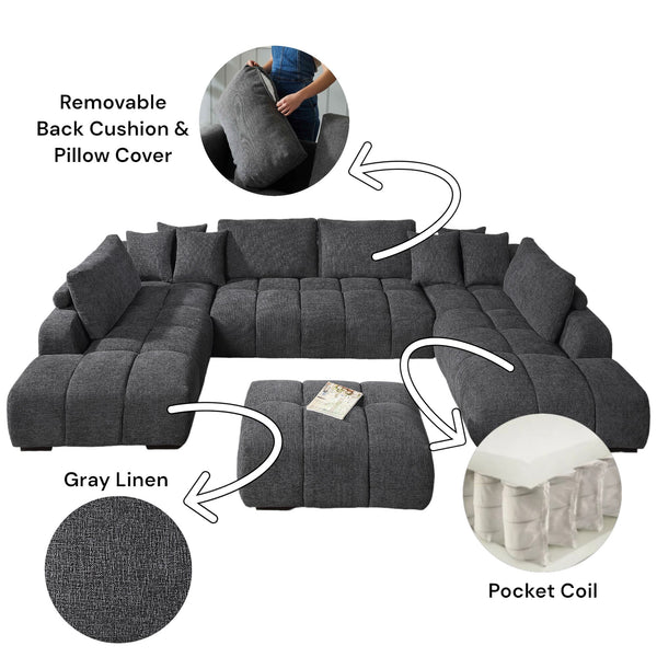 English Elm Chosen Gray Chenille Sectional Sofa Modular 2-Chaise with Ottoman, Toss Pillows, Pocket Coil Seats, 149"W x32"H B2726S00427