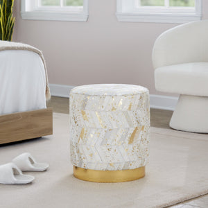 English Elm Leather Round Ottoman with Gold Splatter Faux Upholstery and Glam Metal Base B202P471512