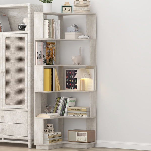 English Elm 6 Tier Freestanding L-Shaped Corner Bookshelf with Anti-Tip, Rounded Corners, 3D Wood Grain Finish Light Gray W2899P372517