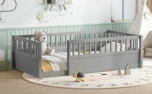 English Elm Twin Montessori Floor Bed Frame for Kids – Pine Playroom Bed with Fence for Reading & Imaginative Play Gray W1580P307881