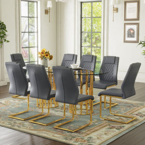 English Elm Table and Chair Set 8 Seater Oval Glass Dining with Glamorous Gold Base Modern Luxe Dark Gray,Gold,Transparent W1151S04723