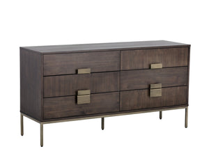 Sunpan Jade Dresser: Stunning Acacia Wood Design with Six Drawers for Elegant Bedroom Storage Solutions Antique Brass / Dark Mango