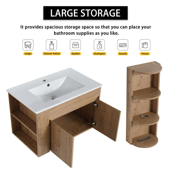 English Elm 30" Wall-Mounted Bathroom Vanity With Ceramic Sink, Soft-Close Doors & Versatile Storage Rack W999S00342