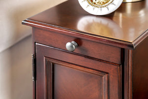 English Elm Transitional Side Table with Built-In USB & Power Dock, Pull-Out Cup Holder and Spacious Cabinet Storage Cherry 15 L x 27 W x 26 H B2741P341685