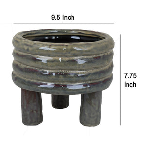 English Elm Garden Glazed Ceramic Planter Ribbed Sculptural Design for Patio or Indoor Tabletop B056P416939