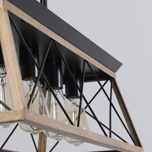 English Elm 32" Oak Industrial 5-Light Pendant Chandelier Rustic Metal Cage, Height Adjustable, E26 Compatible, UL Listed W2312P368671