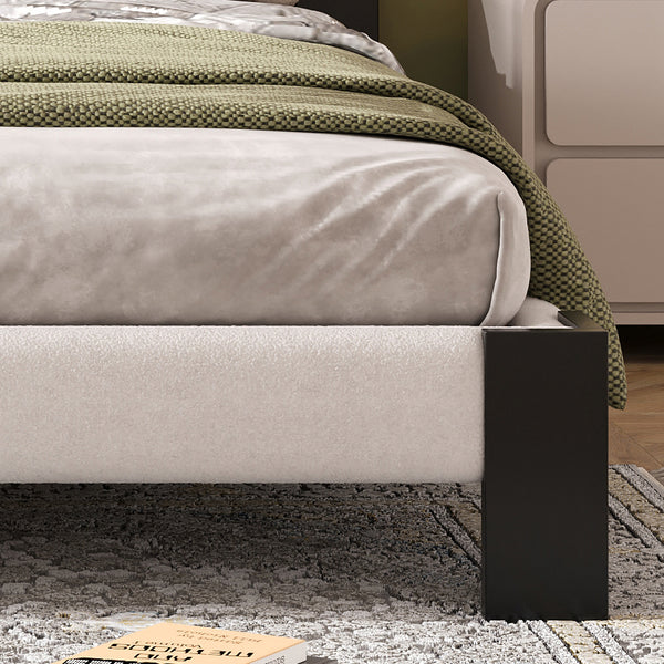 English Elm Christopher Knight Home® - Boucle Queen Upholstered Bed Frame with Square-Stitched Headboard, Beige Fabric & Black Legs - Cozy Platform Design N758Q545253A