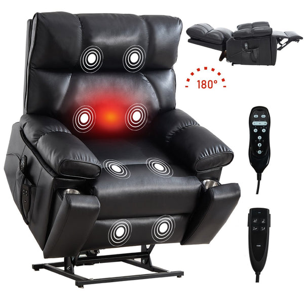 English Elm Black Leatheraire Power Lift Recliner with Massage Heat and 350 Lb Dual Motor W1803P340318