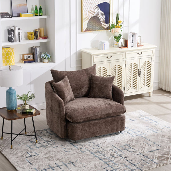 English Elm 360° 360 Swivel Oversized Chenille Armchair with Pocket Spring Seat and Three Throw Pillows Brown W1361S00073