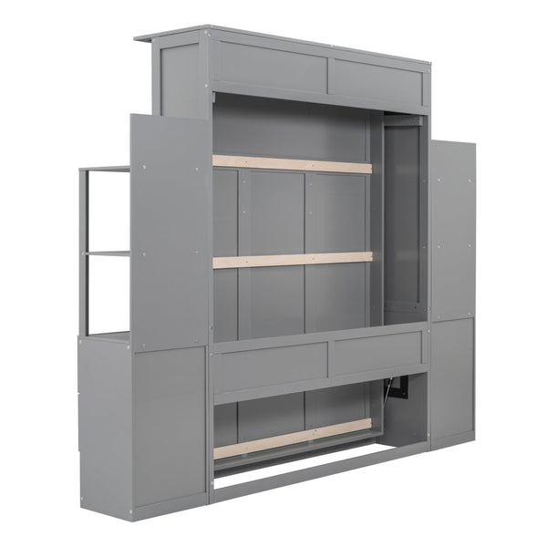 English Elm Queen Murphy Wall Bed with Led Lighting Open Shelves Drawers Space Saving Cabinet LP000566AAE-2