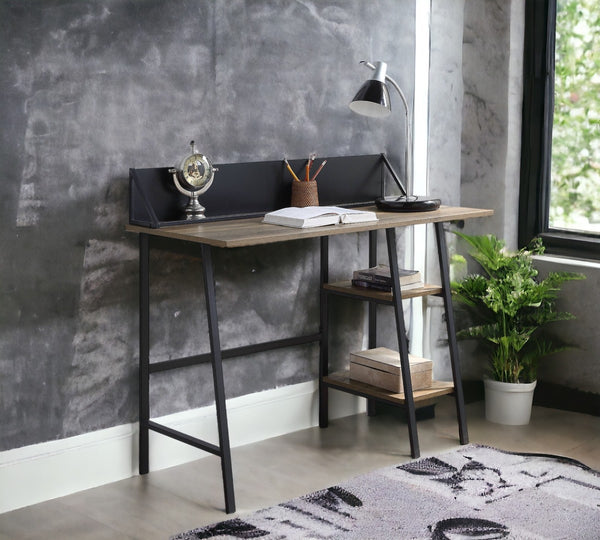 English Elm Rustic Oak And Black 2-Tier Writing Desk With H-Shape Base, Device Holder & Compact Design For Small Spaces B062P209210-GIGA